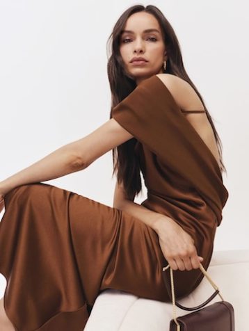 Reiss Alula Satin Draped Open-Back Dress Bronze