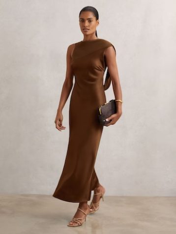 Reiss Alula Satin Draped Open-Back Dress Bronze