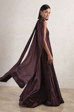 Reiss Fae Satin Cape Maxi Dress Burgundy