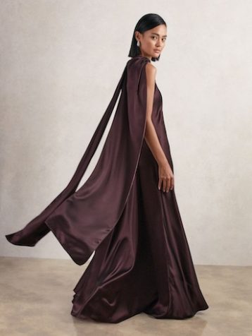Reiss Fae Satin Cape Maxi Dress Burgundy