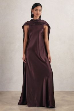 Reiss Fae Satin Cape Maxi Dress Burgundy