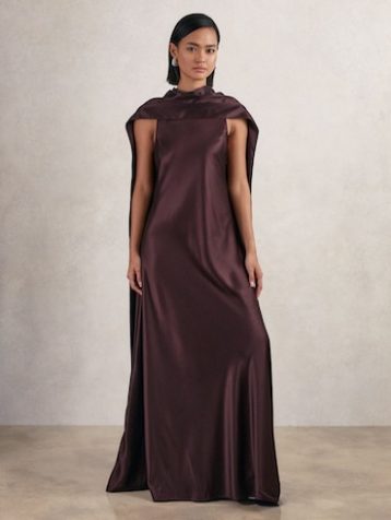 Reiss Fae Satin Cape Maxi Dress Burgundy