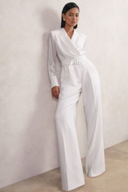 Reiss Flora Sheer-Sleeve Wide-Leg Tuxedo Jumpsuit Ivory