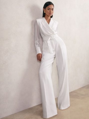 Reiss Flora Sheer-Sleeve Wide-Leg Tuxedo Jumpsuit Ivory
