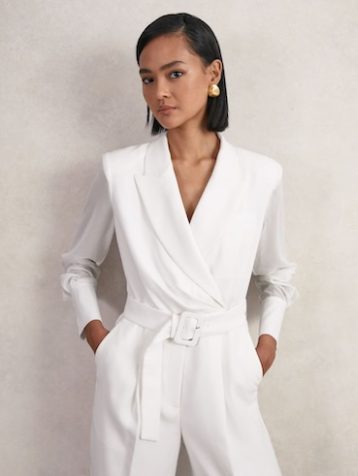 Reiss Flora Sheer-Sleeve Wide-Leg Tuxedo Jumpsuit Ivory