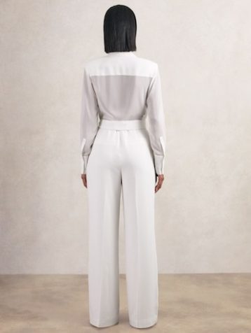 Reiss Flora Sheer-Sleeve Wide-Leg Tuxedo Jumpsuit Ivory
