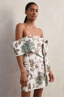 Reiss Jess Sculpted Off-Shoulder Floral Mini Dress Linen-Cotton Ivory Multi