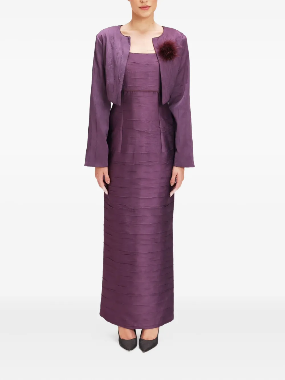 Baruni feather-embellished pleated dress and jacket set