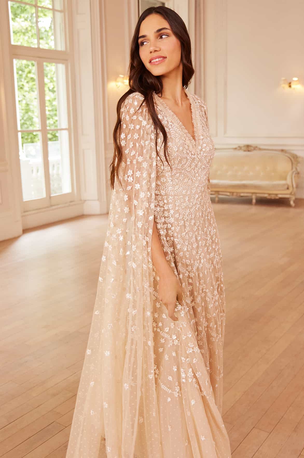 Needle & Thread Clover Cape Sleeve Ankle Gown Beige Ivory