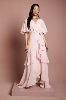 Coast Angel Sleeve Tiered Bridesmaid Maxi Dress Blush Pink