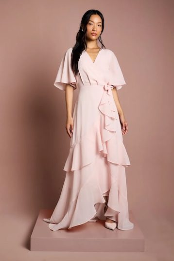 Coast Angel Sleeve Tiered Bridesmaid Maxi Dress Blush Pink