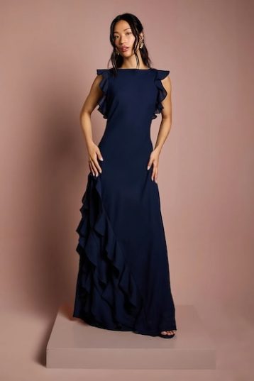 Coast Coast Honoured Ruffle Georgette Maxi Bridesmaid Dress Navy Blue