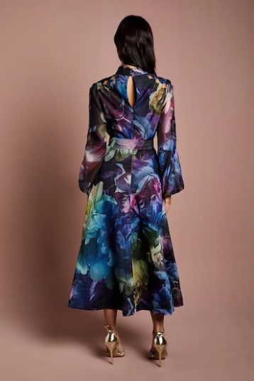 Coast Long Sleeve Scallop Cut Out Detail Organza Midi Dress Navy Multi
