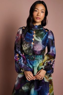 Coast Long Sleeve Scallop Cut Out Detail Organza Midi Dress Navy Multi