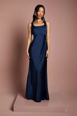 Coast Square Neck Satin and Crepe Bridesmaids Dress with Bow Back Navy Blue