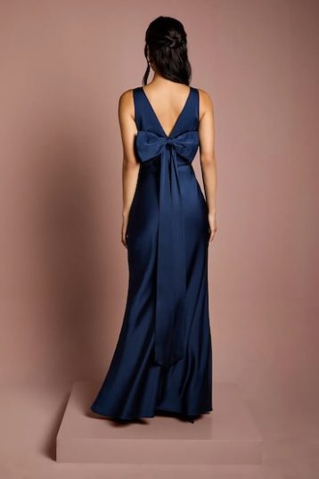 Coast Square Neck Satin and Crepe Bridesmaids Dress with Bow Back Navy Blue