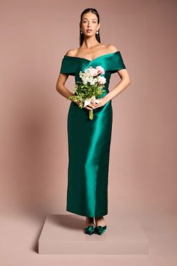 Coast Twill Bardot Pleat Detail Column Detail Maxi Bridesmaid Dress Emerald Green