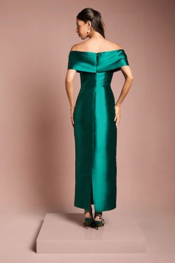 Coast Twill Bardot Pleat Detail Column Detail Maxi Bridesmaid Dress Emerald Green