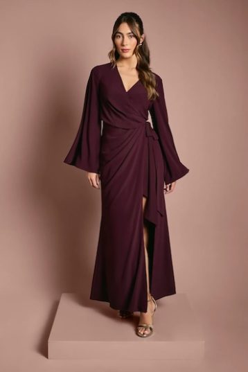 Coast Wrap Waist Crepe Long Sleeve Bridesmaid Dress Fig Burgundy Red