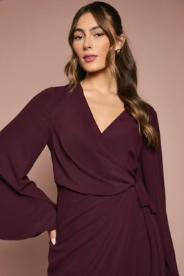 Coast Wrap Waist Crepe Long Sleeve Bridesmaid Dress Fig Burgundy Red