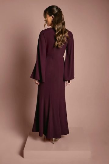 Coast Wrap Waist Crepe Long Sleeve Bridesmaid Dress Fig Burgundy Red