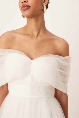 Lace & Beads bow off shoulder tulle maxi dress in ivory