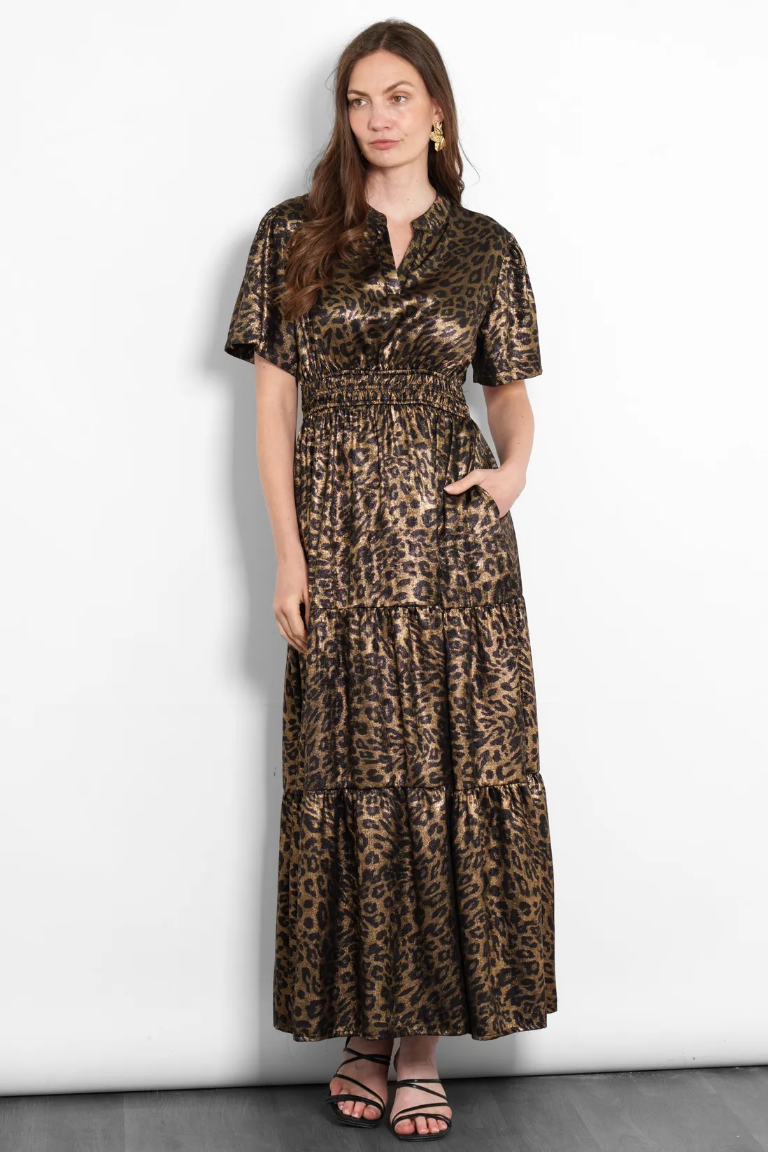 Sarta Roxy Metallic Gold Leopard Print Tiered Maxi Dress
