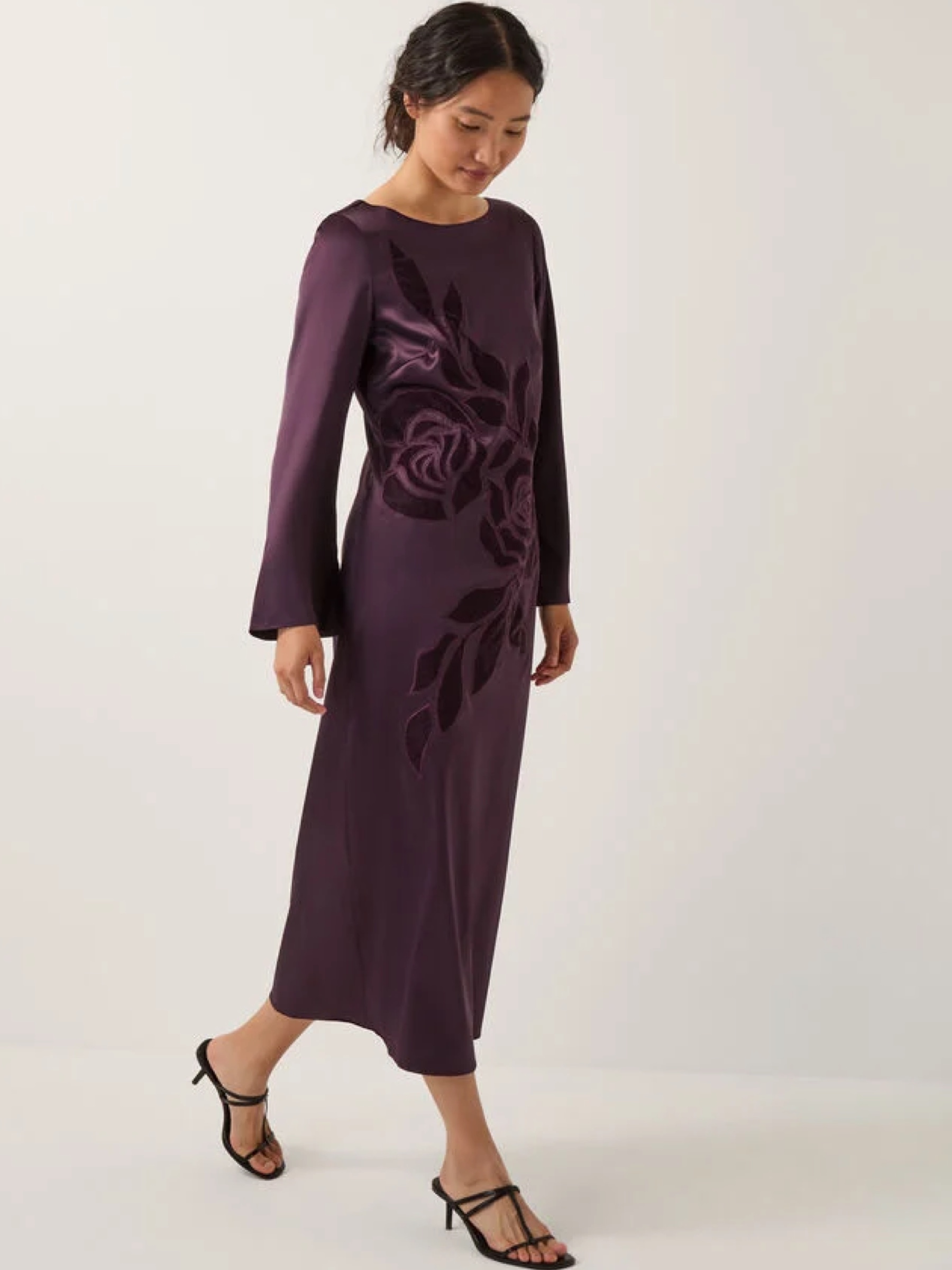Callie floral satin long sleeve midi dress purple