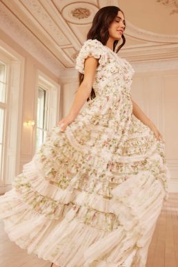 Needle & Thread Colette's La Vie En Rose Round Neck Short Sleeve Gown Multi Ivory Beige