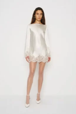 Reformation Blanche Short Long Sleeve Mini Lace Dress Bridal Silk White