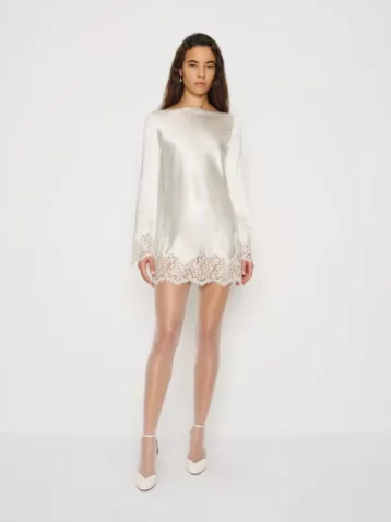 Reformation Blanche Short Long Sleeve Mini Lace Dress Bridal Silk White