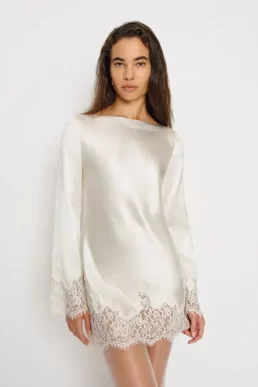 Reformation Blanche Short Long Sleeve Mini Lace Dress Bridal Silk White