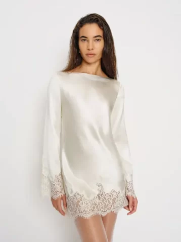 Reformation Blanche Short Long Sleeve Mini Lace Dress Bridal Silk White