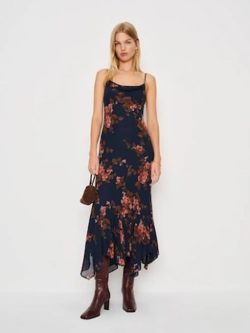 Reformation Lluvia Maxi Dress Navy Blue Red Multi