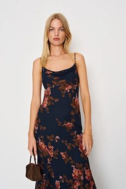 Reformation Lluvia Maxi Dress Navy Blue Red Multi