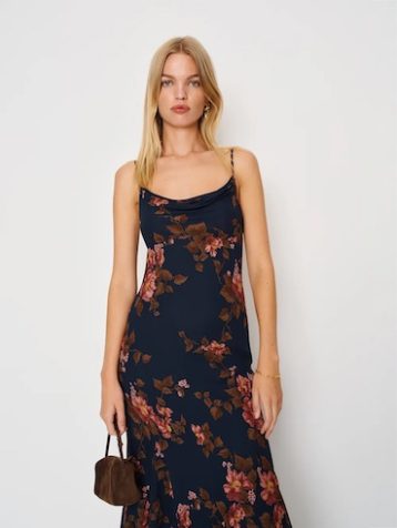 Reformation Lluvia Maxi Dress Navy Blue Red Multi
