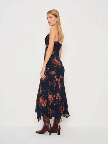 Reformation Lluvia Maxi Dress Navy Blue Red Multi