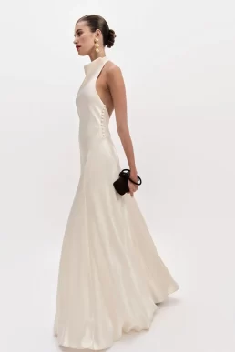 Reformation Roy Satin Bridal Halter Maxi Dress Bridal Silk White Fior Di Latte