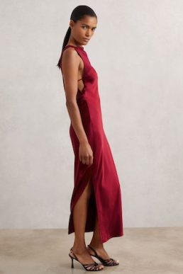 Reiss Alula Satin Draped Open-Back Dress Red