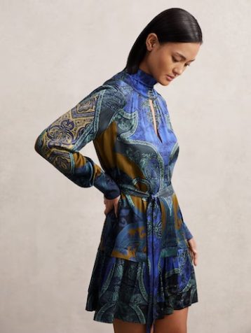 Reiss Kaisley Paisley-Print Belted Mini Dress Blue Multi