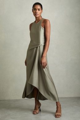 Reiss Micah Satin Drape Tuck Midi Dress Khaki Green