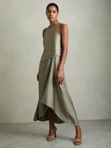 Reiss Micah Satin Drape Tuck Midi Dress Khaki Green