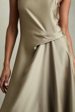 Reiss Micah Satin Drape Tuck Midi Dress Khaki Green