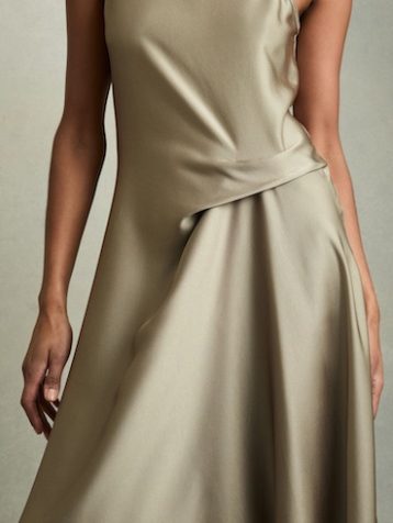 Reiss Micah Satin Drape Tuck Midi Dress Khaki Green