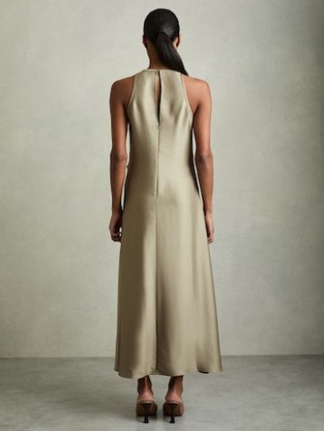Reiss Micah Satin Drape Tuck Midi Dress Khaki Green