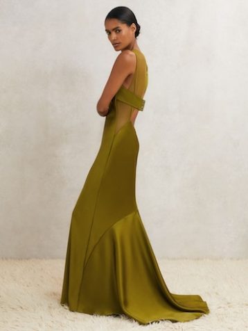 Reiss Opi Atelier Satin Sheer-Panel Maxi Dress Green