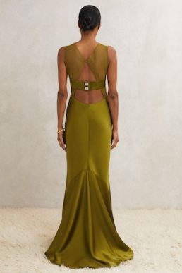Reiss Opi Atelier Satin Sheer-Panel Maxi Dress Green