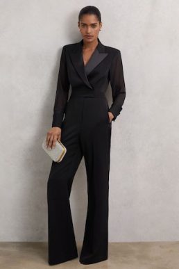 Reiss Perla Sheer-Sleeve Tuxedo Jumpsuit Black