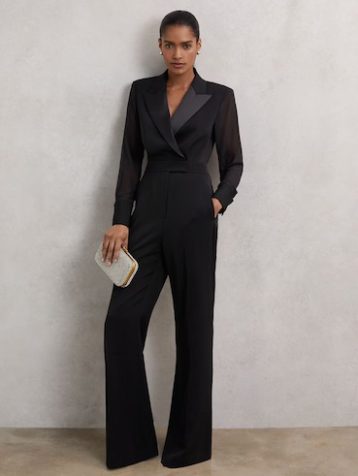 Reiss Perla Sheer-Sleeve Tuxedo Jumpsuit Black