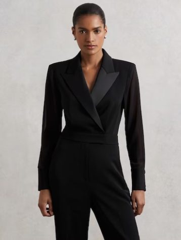 Reiss Perla Sheer-Sleeve Tuxedo Jumpsuit Black